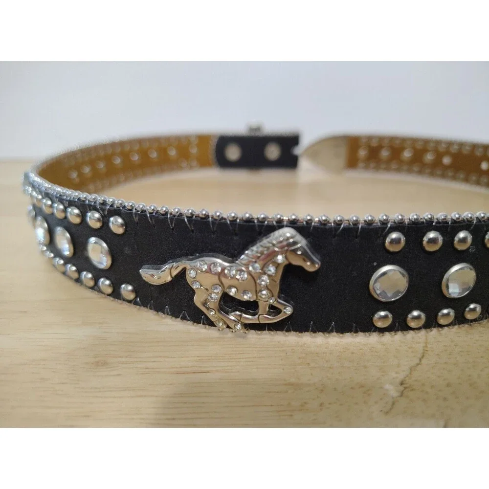 Nocona Girls Rhinestone Black Leather Western Belt Size 24 N4427601 No Buckle